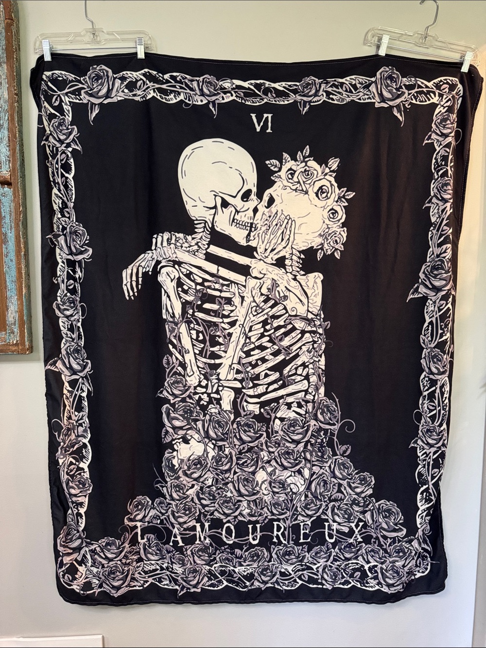 Goth Black & White Skeleton Lovers Wall Tapestry
